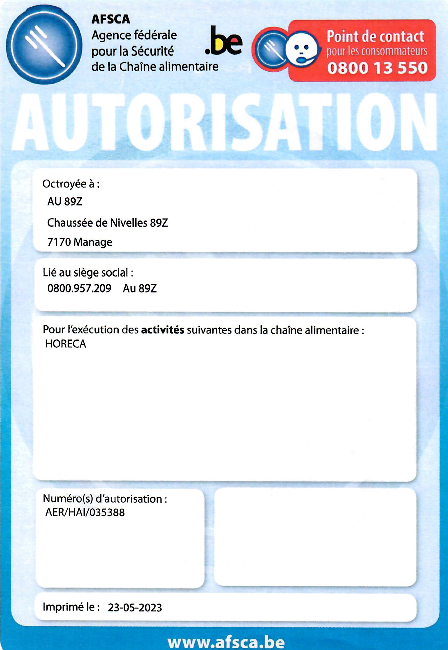 AFSCA AUTORISATION